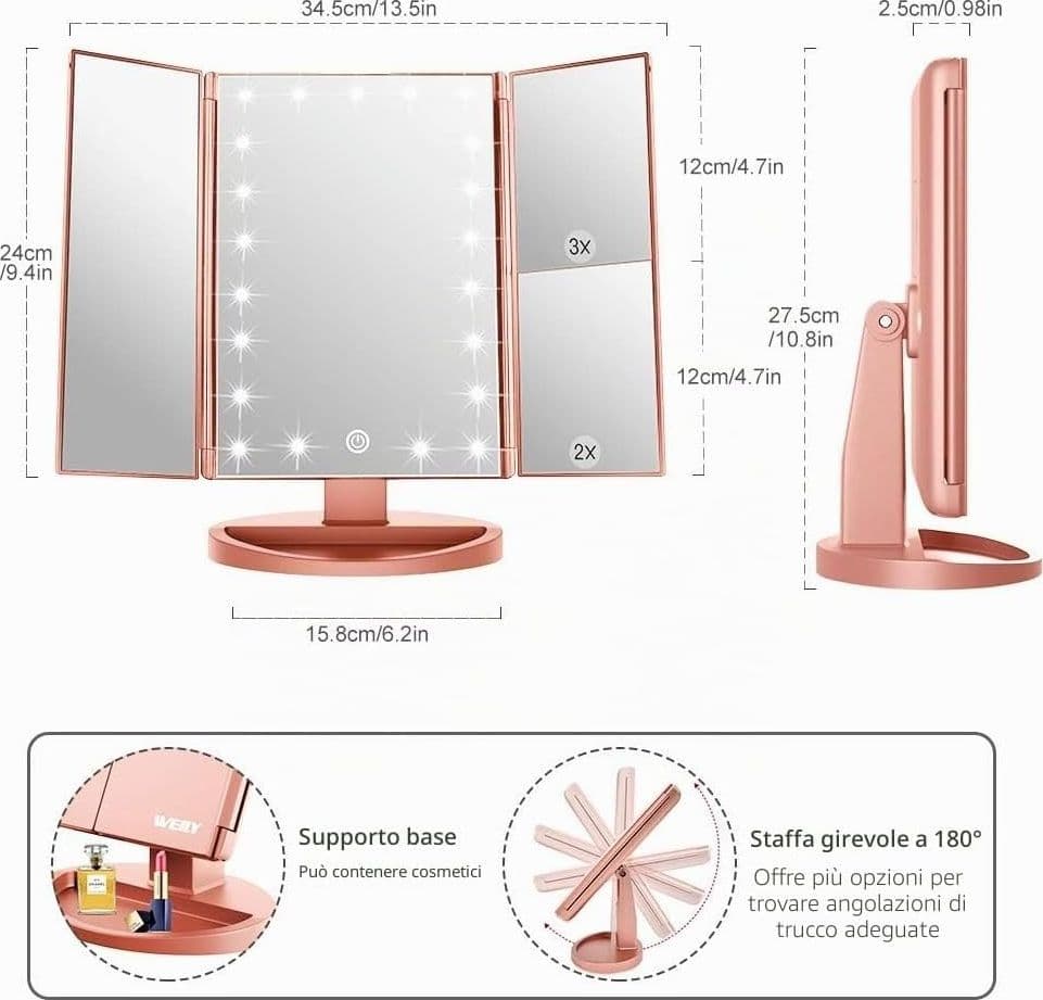 Specchio Trucco LED 21 Luci Touch 1X 2X 3X Pieghevole Oro Rosa USB Da Tavolo ABS - 5