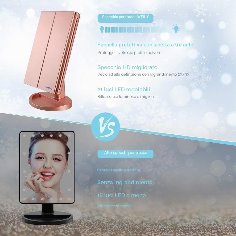 Specchio Trucco LED 21 Luci Touch 1X 2X 3X Pieghevole Oro Rosa USB Da Tavolo ABS - 6