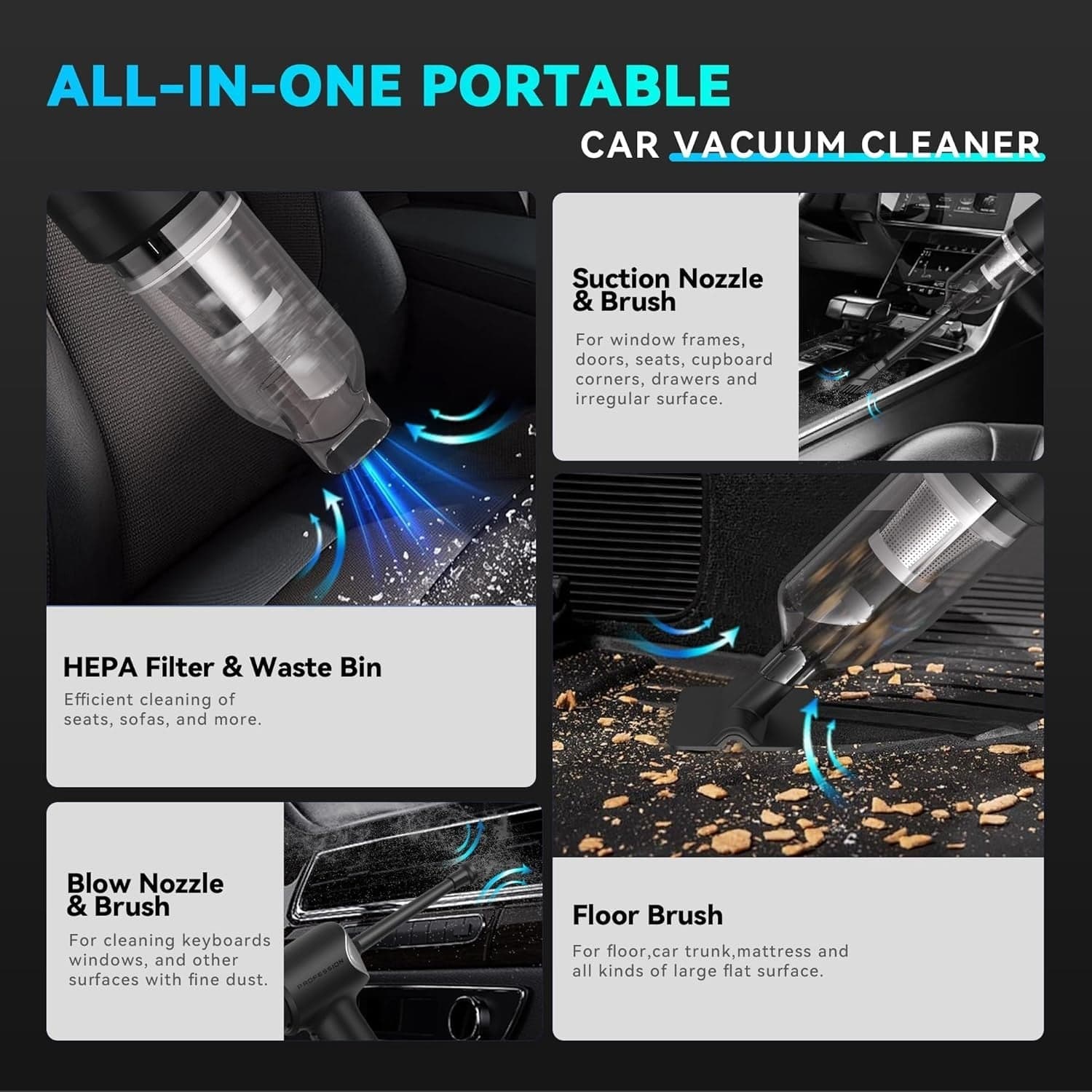 Aspirapolvere Auto Senza Fili 21000Pa 4in1 USB-C HEPA Accessori Portatile bricio - 5