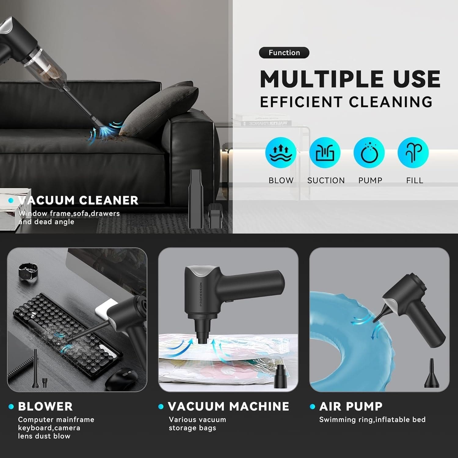 Aspirapolvere Auto Senza Fili 21000Pa 4in1 USB-C HEPA Accessori Portatile bricio - 6