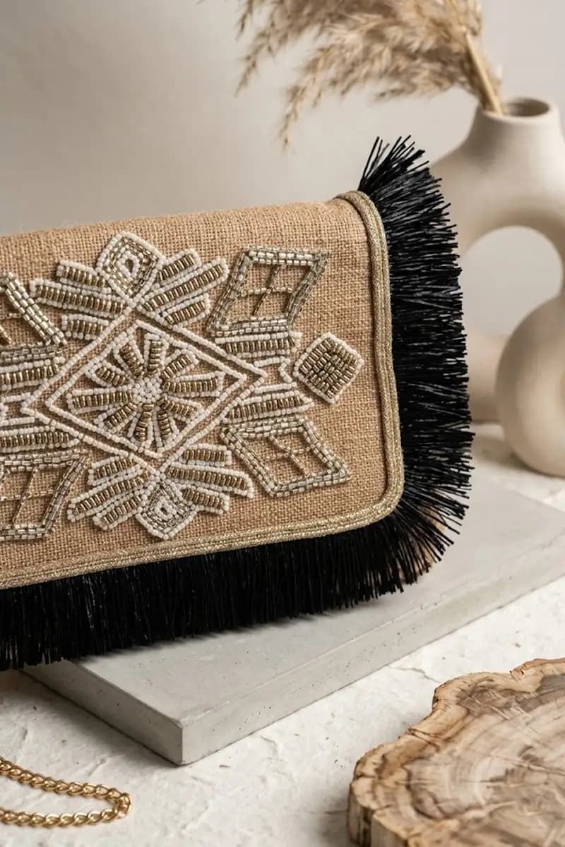 Pochette in rafia con frange e tracolla | PHO Firenze - 2