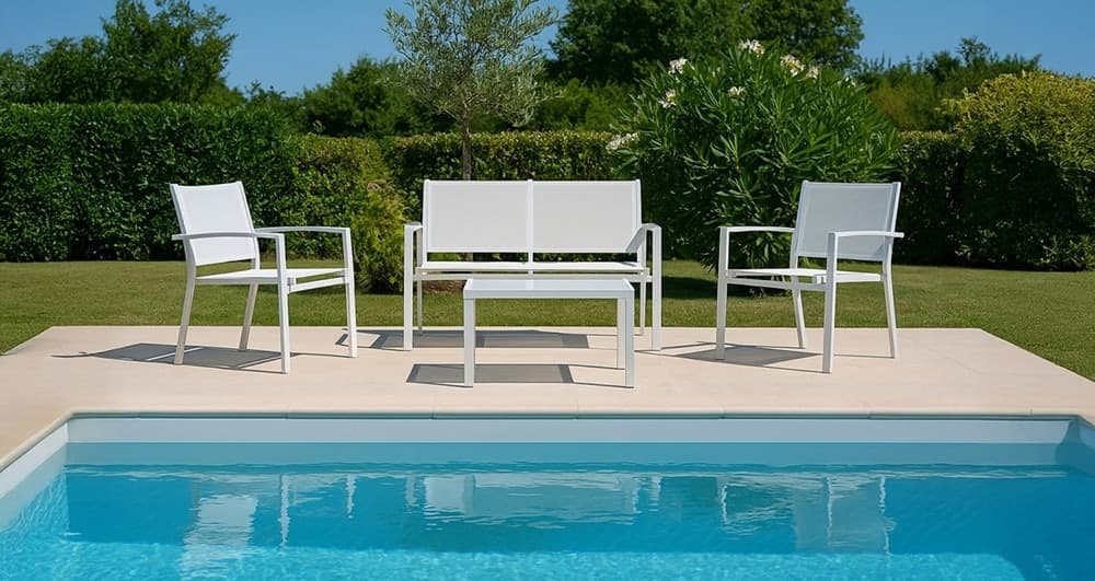 SET SALOTTO DA GIARDINO 4PZ IN METALLO TAVOLINO CON PIANO VETRO TEMPERATO 2 SEDIE PANCHINA - 14