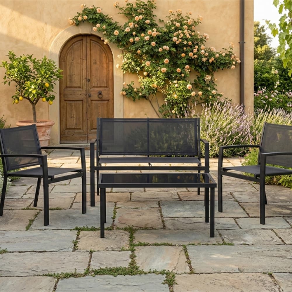 SET SALOTTO DA GIARDINO 4PZ IN METALLO TAVOLINO CON PIANO VETRO TEMPERATO 2 SEDIE PANCHINA - 10