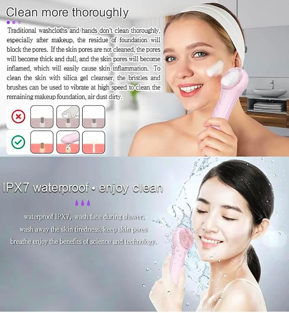 SPAZZOLA ESFOLIANTE PER VISO IN SILICONE IMPERMEABILE IPX7 RICARICABILE PULIZIA MASSAGGIO - 12