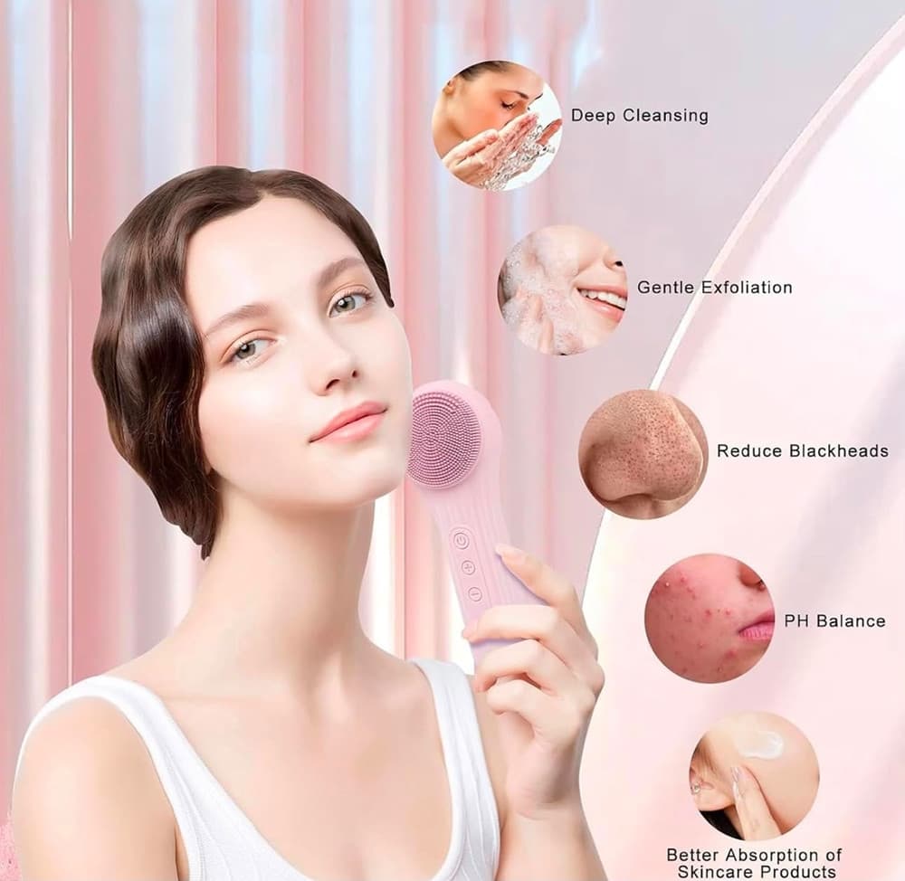 SPAZZOLA ESFOLIANTE PER VISO IN SILICONE IMPERMEABILE IPX7 RICARICABILE PULIZIA MASSAGGIO - 6