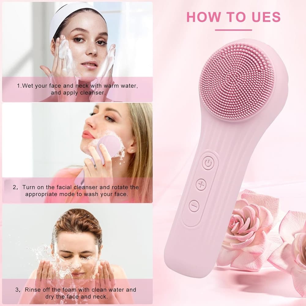SPAZZOLA ESFOLIANTE PER VISO IN SILICONE IMPERMEABILE IPX7 RICARICABILE PULIZIA MASSAGGIO - 8