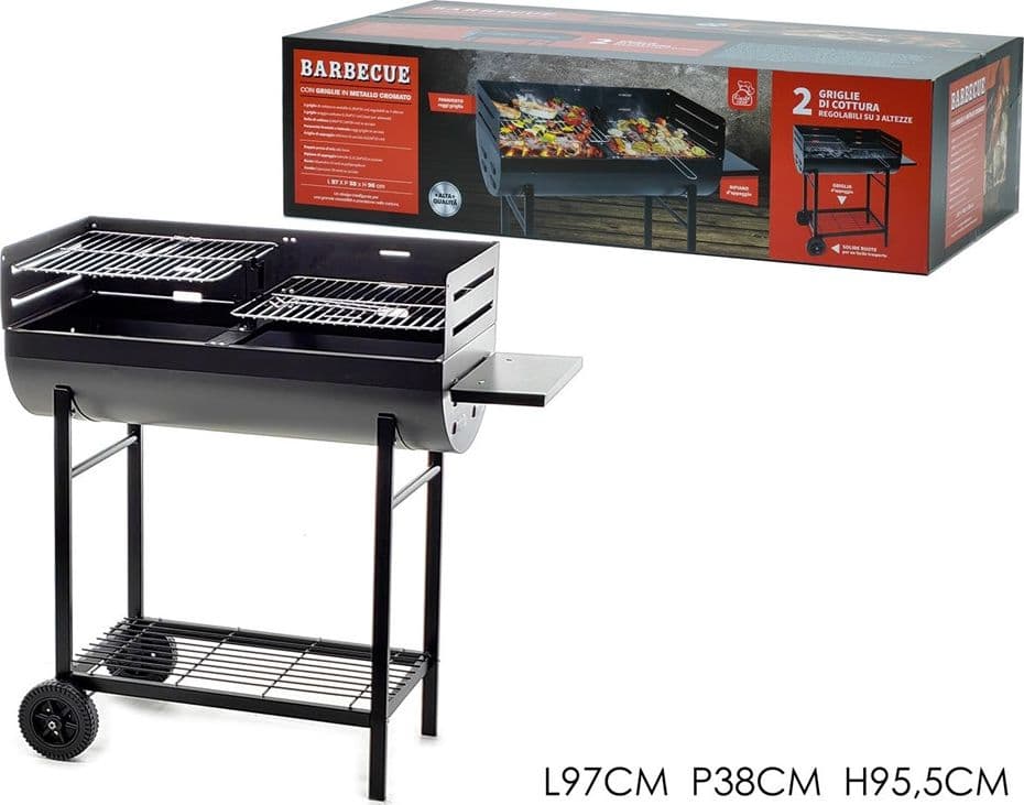 BARBECUE CON 2 GRIGLIE IN METALLO CROMATO REGOLABILI PARAVENTO RIPIANO D'APPOGGIO 2 RUOTE - 2