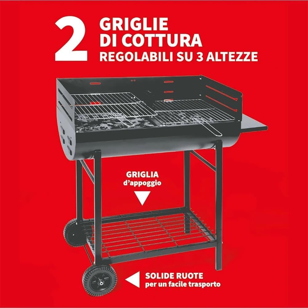 BARBECUE CON 2 GRIGLIE IN METALLO CROMATO REGOLABILI PARAVENTO RIPIANO D'APPOGGIO 2 RUOTE - 3