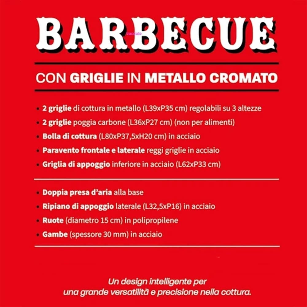 BARBECUE CON 2 GRIGLIE IN METALLO CROMATO REGOLABILI PARAVENTO RIPIANO D'APPOGGIO 2 RUOTE - 5