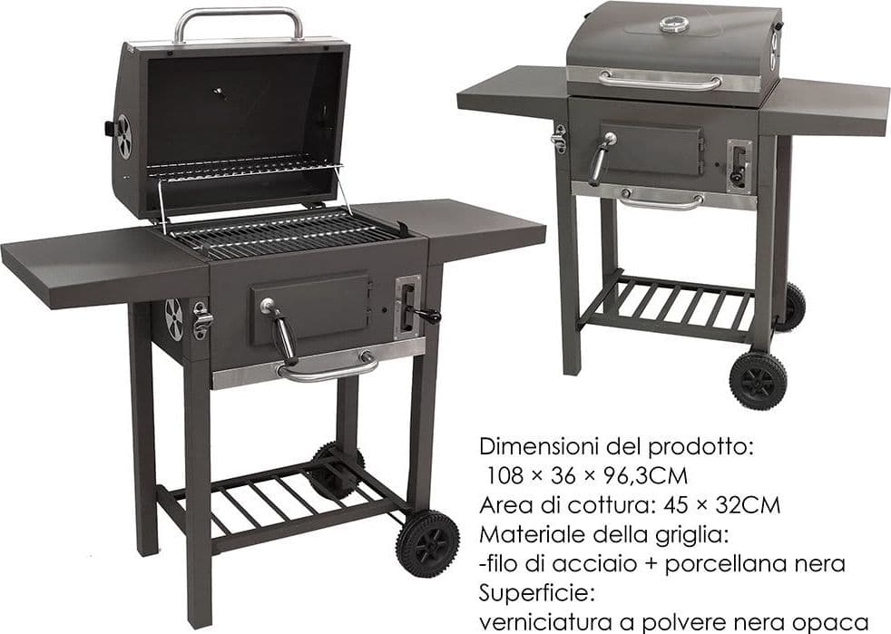 BARBECUE A CARBONE CON COPERCHIO TERMOMETRO INTEGRATO VARI RIPIANI 2 RUOTE PER GRIGLIATE - 2
