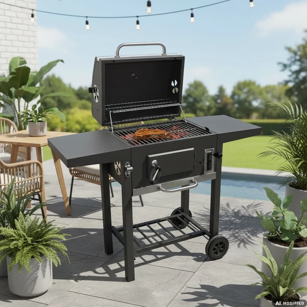 BARBECUE A CARBONE CON COPERCHIO TERMOMETRO INTEGRATO VARI RIPIANI 2 RUOTE PER GRIGLIATE - 3