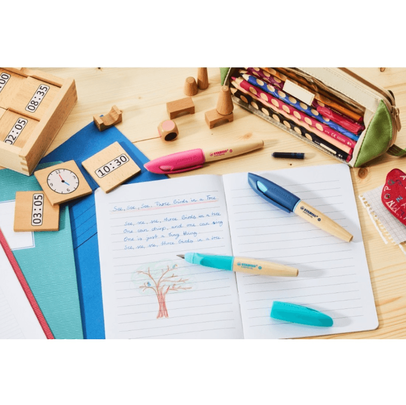Stabilo - Stilografica per la scuola EASYbirdy® Timber - pennino per mancini A, colore blu/legno - 5