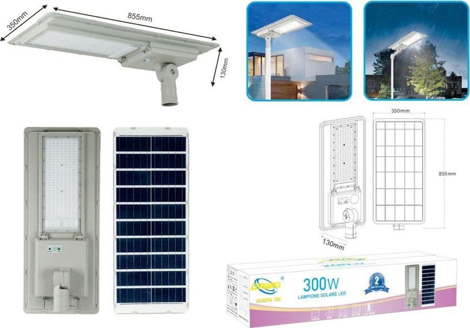 FARO LAMPIONE STRADALE PANNELLO SOLARE A LED 300W GRIGIO LUCE BIANCO FREDDA 6500K IP65 - 6