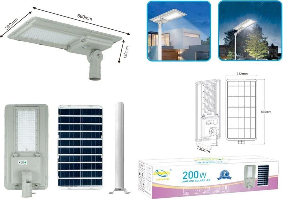 FARO LAMPIONE STRADALE PANNELLO SOLARE A LED 200W GRIGIO LUCE BIANCO FREDDA 6500K IP65 - 6