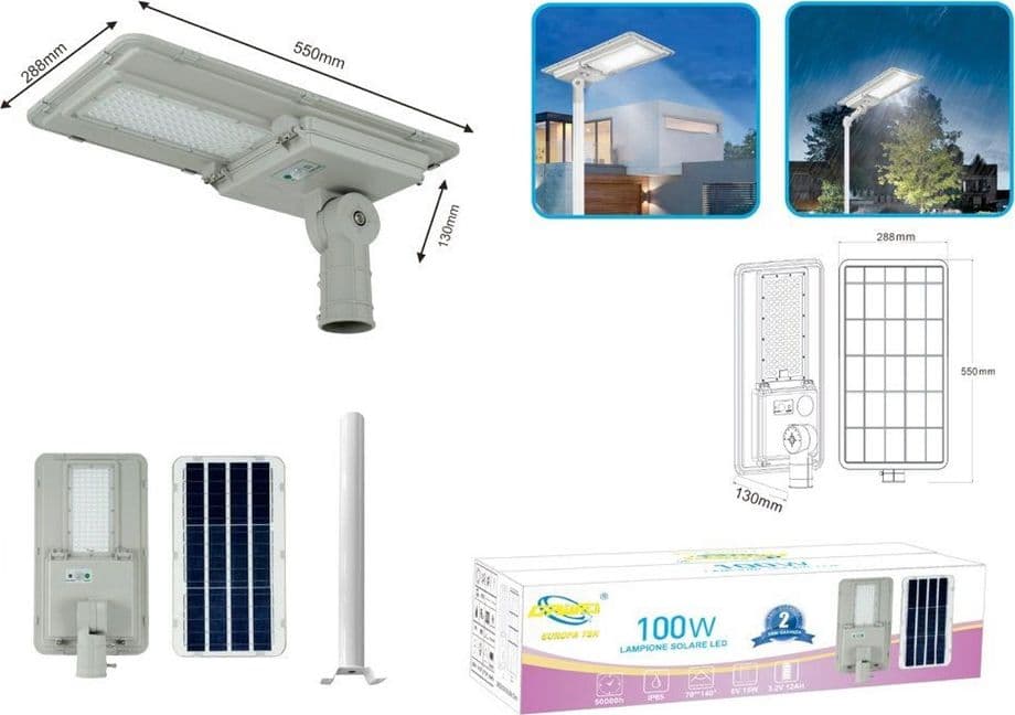 FARO LAMPIONE STRADALE PANNELLO SOLARE A LED 100W GRIGIO LUCE BIANCO FREDDA 6500K IP65 - 6