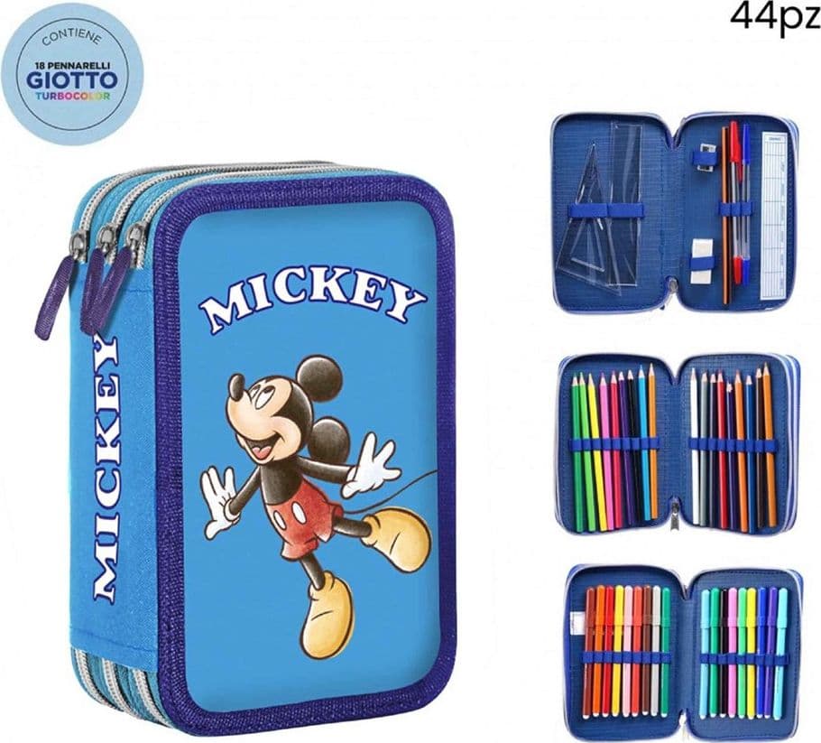 ASTUCCIO COMPLETO 44PZ 3 ZIP CERNIERE CON PENNARELLI GIOTTO GRAFICA TOPOLINO SCUOLA 969521 - 2