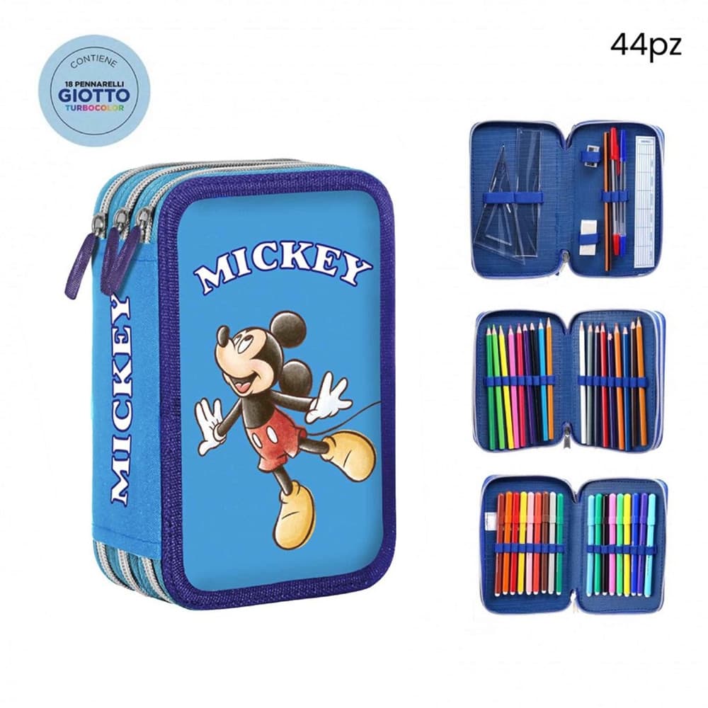 ASTUCCIO COMPLETO 44PZ 3 ZIP CERNIERE CON PENNARELLI GIOTTO GRAFICA TOPOLINO SCUOLA 969521 - 2