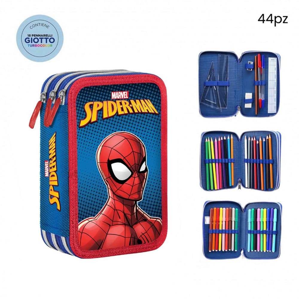 ASTUCCIO COMPLETO 44PZ 3 ZIP CERNIERE CON PENNARELLI GIOTTO GRAFICA SPIDERMAN SCUOLA 969538 - 2