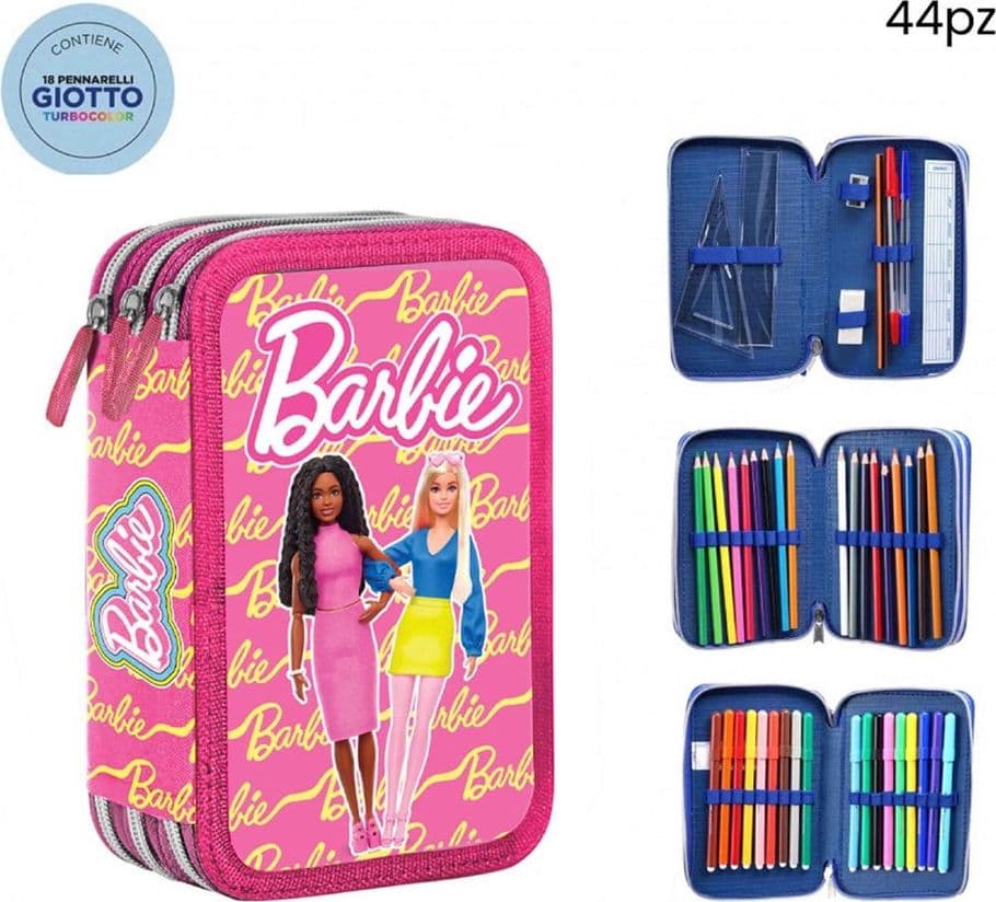 ASTUCCIO COMPLETO 44PZ A 3 ZIP CERNIERE CON PENNARELLI GIOTTO GRAFICA BARBIE SCUOLA 690730 - 2