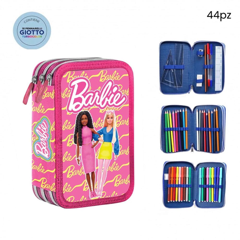 ASTUCCIO COMPLETO 44PZ A 3 ZIP CERNIERE CON PENNARELLI GIOTTO GRAFICA BARBIE SCUOLA 690730 - 2