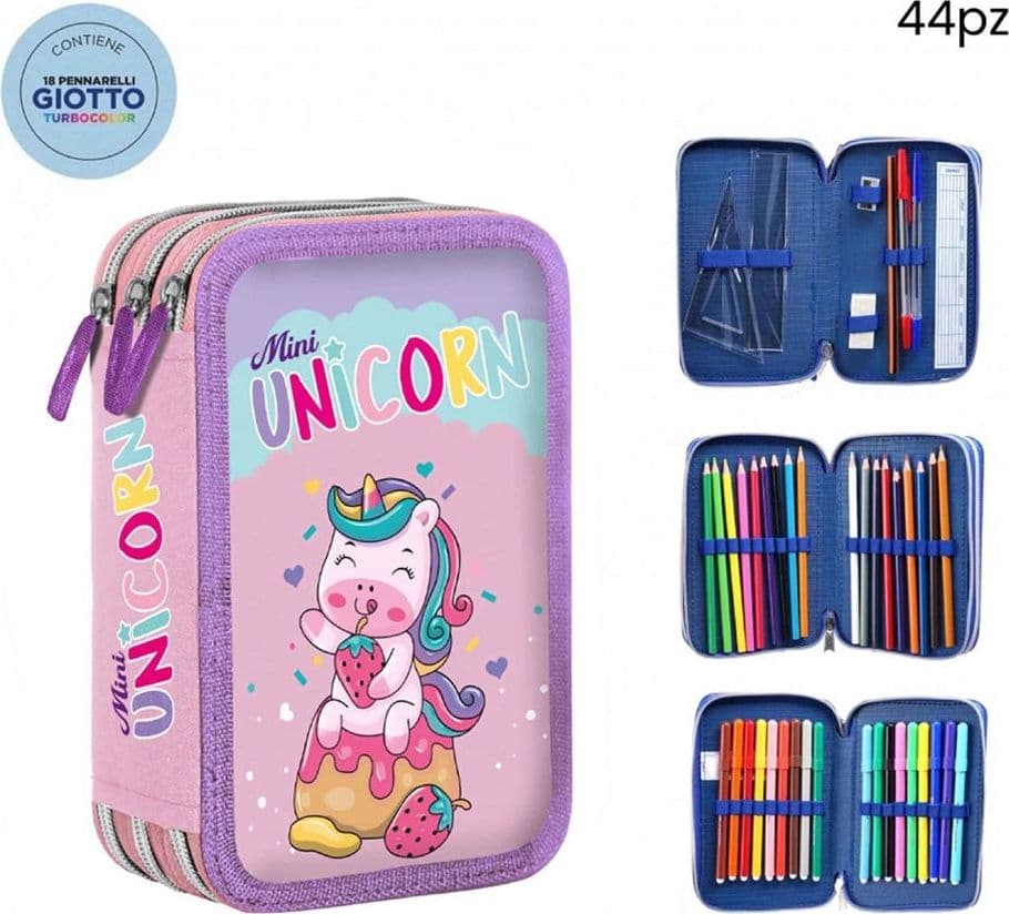 ASTUCCIO COMPLETO 44PZ 3ZIP CERNIERE CON PENNARELLI GIOTTO GRAFICA UNICORNO SCUOLA 741431 - 2
