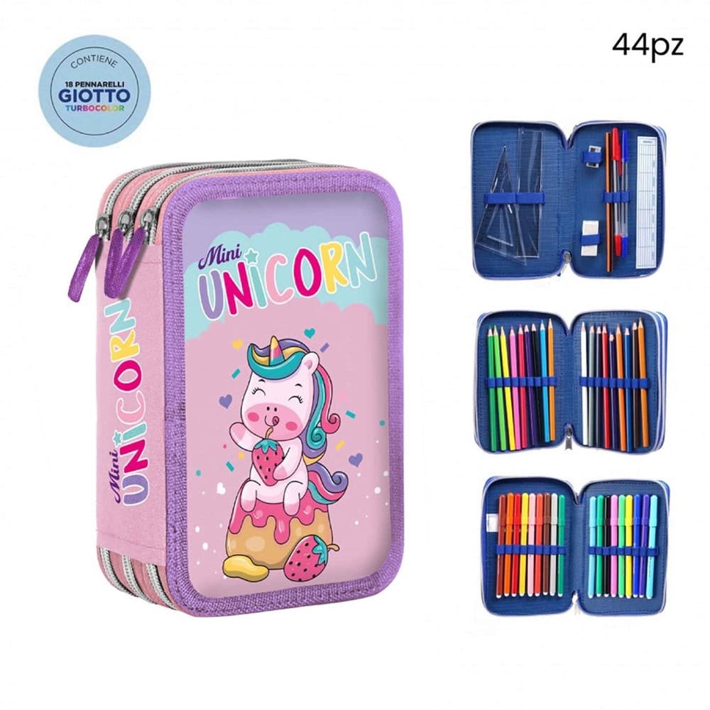 ASTUCCIO COMPLETO 44PZ 3ZIP CERNIERE CON PENNARELLI GIOTTO GRAFICA UNICORNO SCUOLA 741431 - 2