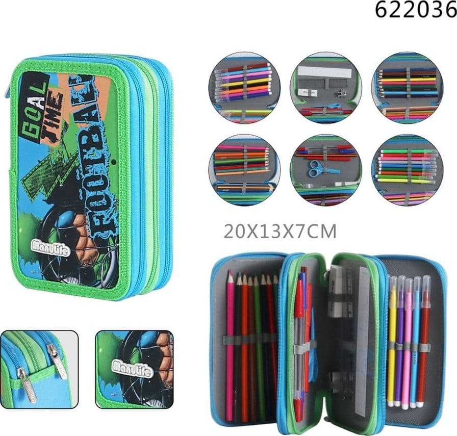 ASTUCCIO SCUOLA TRIPLO A 3 SCOMPARTI DESIGN 3D TEMA CALCISTICO MATITE COLORATE 622036 - 2