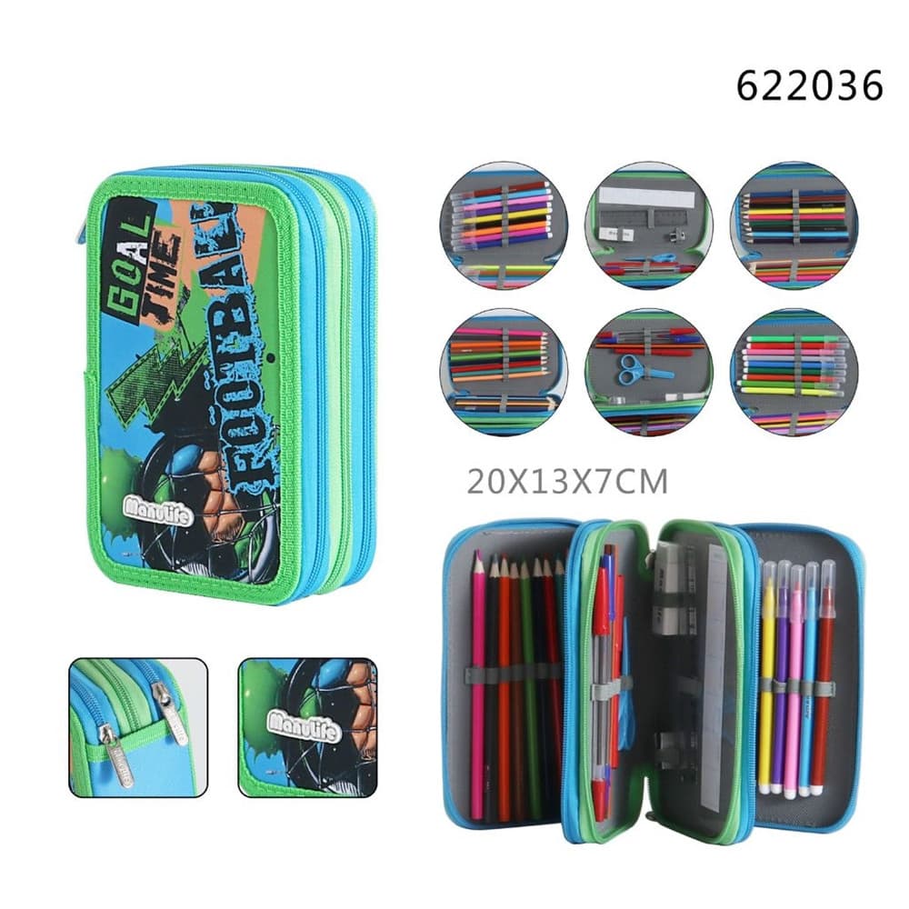 ASTUCCIO SCUOLA TRIPLO A 3 SCOMPARTI DESIGN 3D TEMA CALCISTICO MATITE COLORATE 622036 - 2