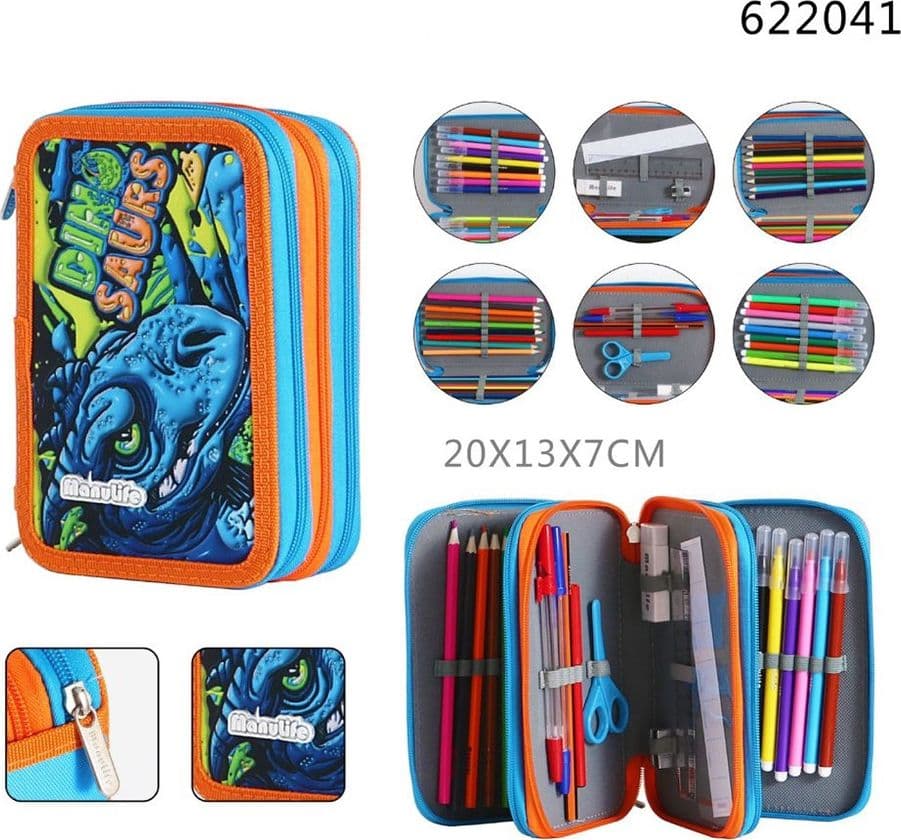ASTUCCIO SCUOLA TRIPLO A 3 SCOMPARTI DESIGN 3D TEMA DINOSAURO MATITE COLORATE 622041 - 2