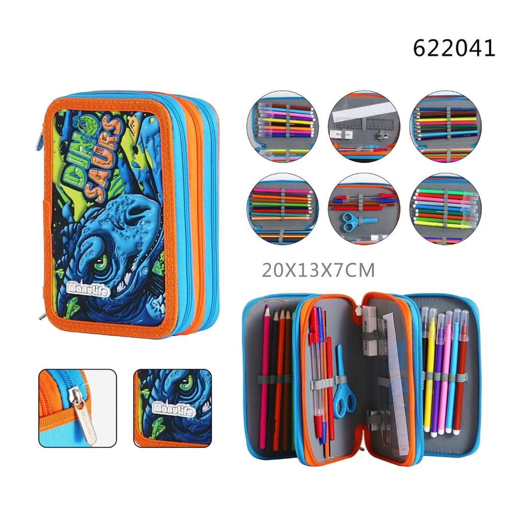ASTUCCIO SCUOLA TRIPLO A 3 SCOMPARTI DESIGN 3D TEMA DINOSAURO MATITE COLORATE 622041 - 2