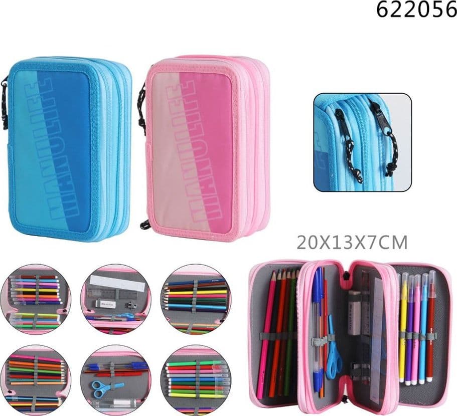 ASTUCCIO SCUOLA TRIPLO A 3 ZIP SCOMPARTI DESIGN A TEMA SCRITTA LOGO MATITE COLORATE 622056 - 2