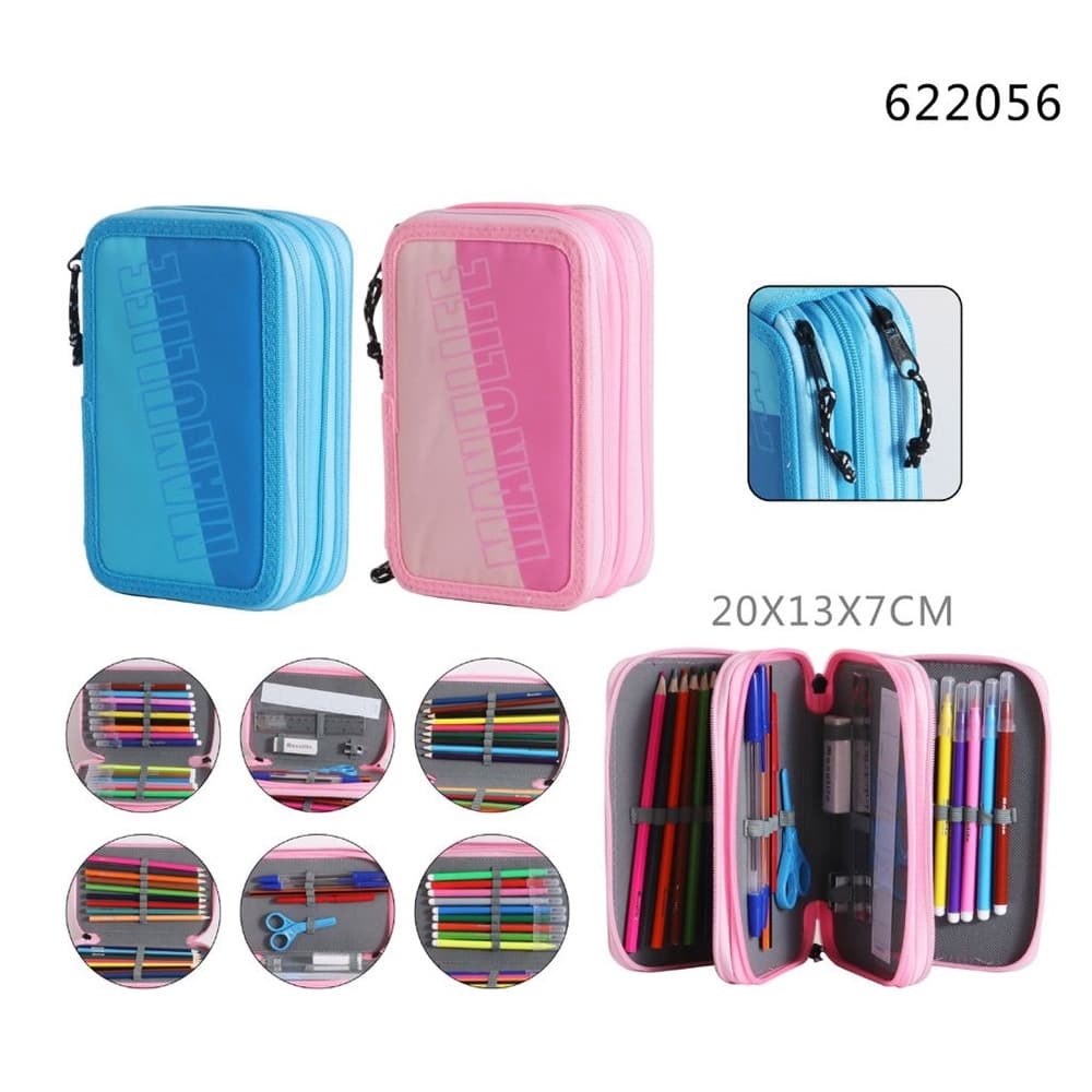ASTUCCIO SCUOLA TRIPLO A 3 ZIP SCOMPARTI DESIGN A TEMA SCRITTA LOGO MATITE COLORATE 622056 - 2