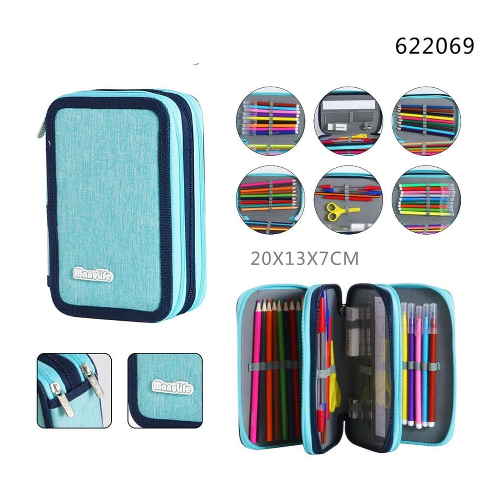 ASTUCCIO SCUOLA A 3 ZIP TRIPLO SCOMPARTO DESIGN IN TESSUTO MATITE COLORATE VARI COLORI - 11