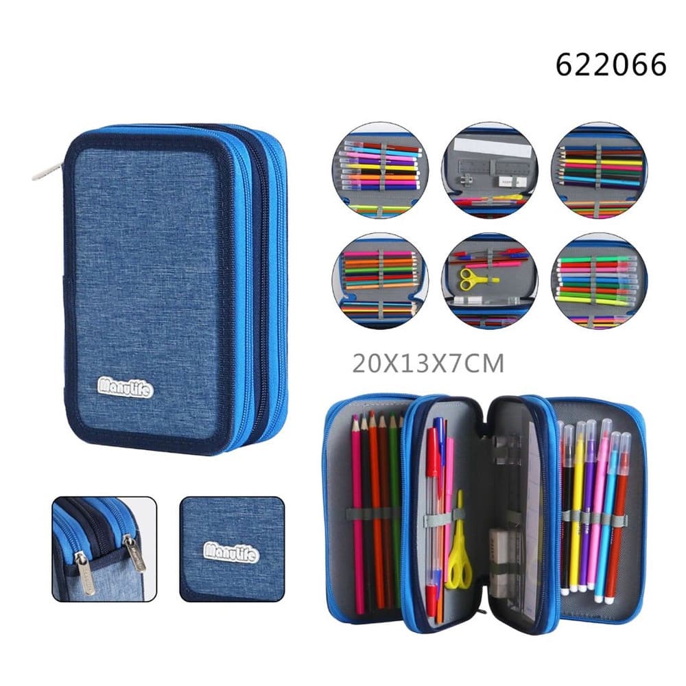 ASTUCCIO SCUOLA A 3 ZIP TRIPLO SCOMPARTO DESIGN IN TESSUTO MATITE COLORATE VARI COLORI - 5