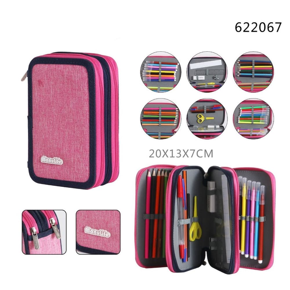 ASTUCCIO SCUOLA A 3 ZIP TRIPLO SCOMPARTO DESIGN IN TESSUTO MATITE COLORATE VARI COLORI - 7