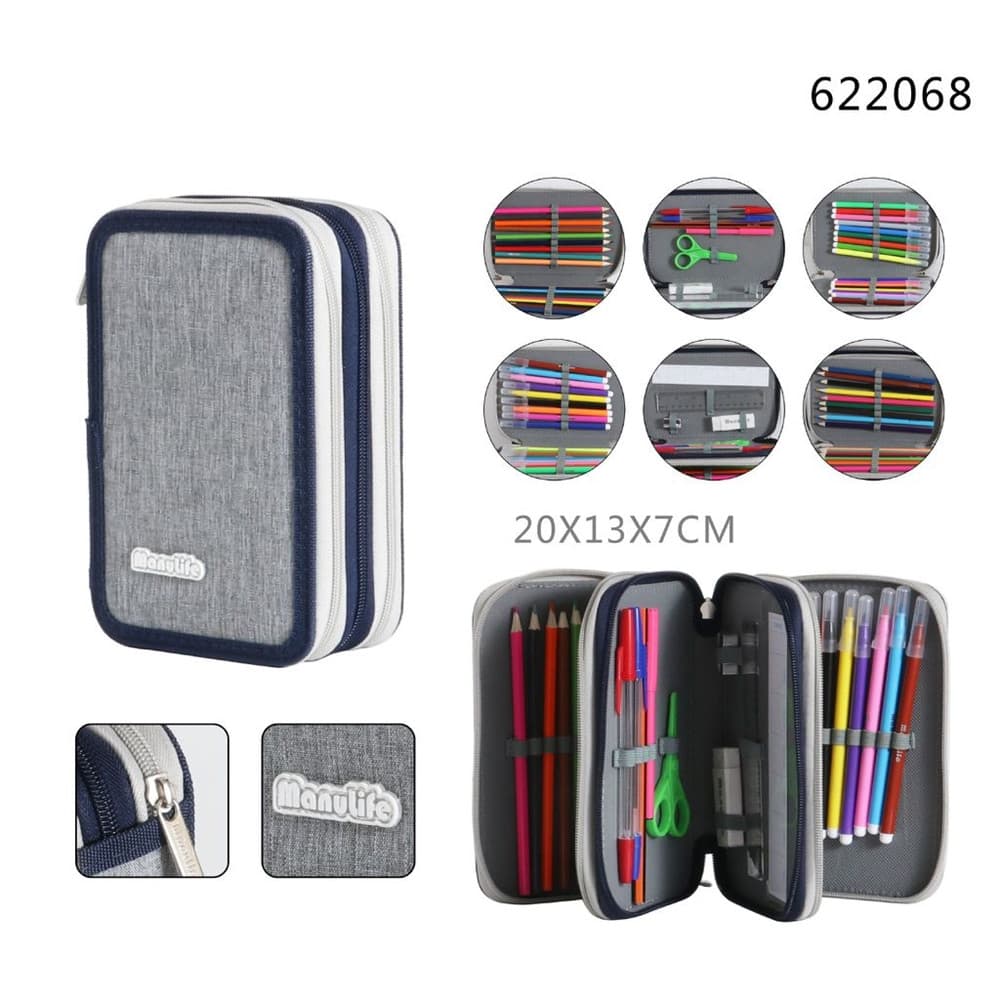 ASTUCCIO SCUOLA A 3 ZIP TRIPLO SCOMPARTO DESIGN IN TESSUTO MATITE COLORATE VARI COLORI - 9