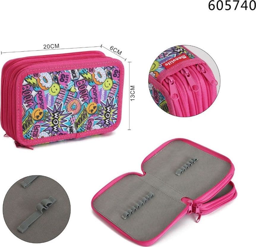 ASTUCCIO SCUOLA 3 ZIP CERNIERA FUXIA MOTIVO STILE POP-ART CON SCRITTE "BOOM" "WOW" 605740 - 2