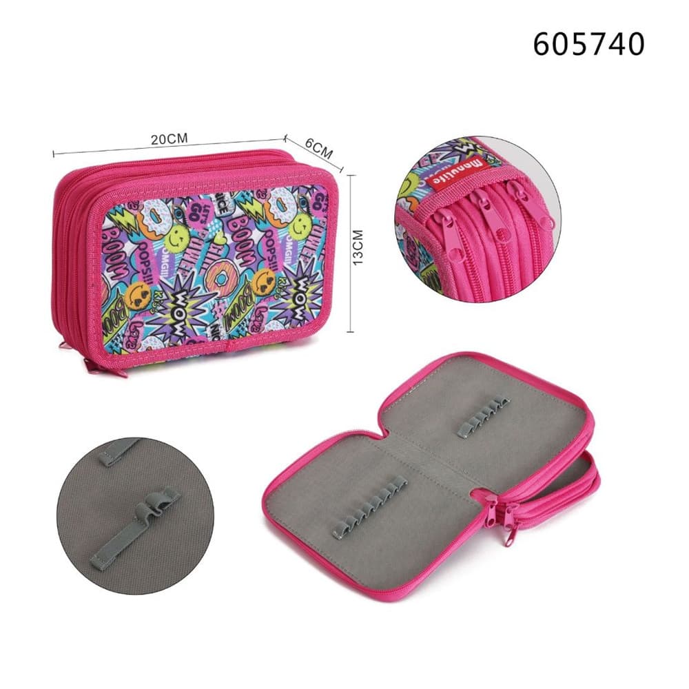 ASTUCCIO SCUOLA 3 ZIP CERNIERA FUXIA MOTIVO STILE POP-ART CON SCRITTE "BOOM" "WOW" 605740 - 2