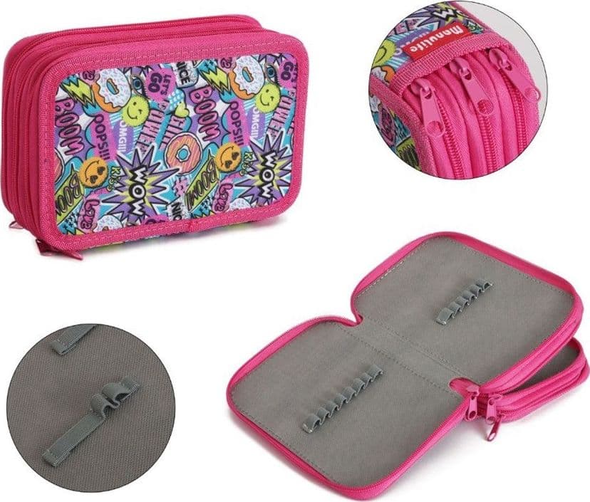 ASTUCCIO SCUOLA 3 ZIP CERNIERA FUXIA MOTIVO STILE POP-ART CON SCRITTE "BOOM" "WOW" 605740 - 3