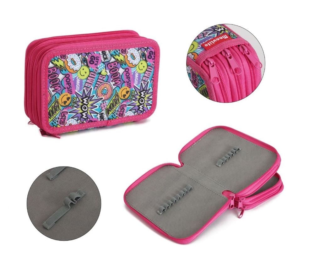 ASTUCCIO SCUOLA 3 ZIP CERNIERA FUXIA MOTIVO STILE POP-ART CON SCRITTE "BOOM" "WOW" 605740 - 3