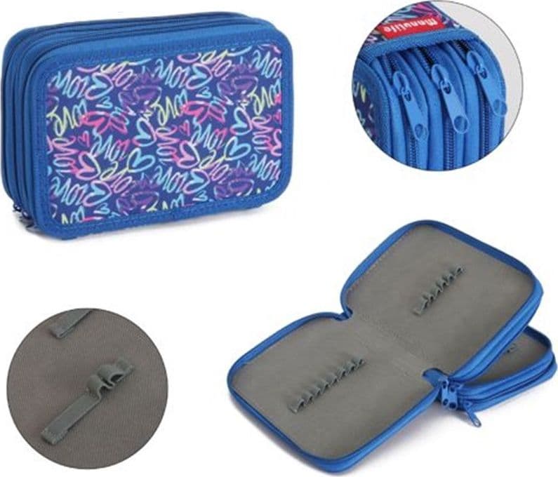 ASTUCCIO SCUOLA 3 ZIP CERNIERA BLU MOTIVO CON CUORI STILE GRAFFITI PER MATITE PENNE 605739 - 2