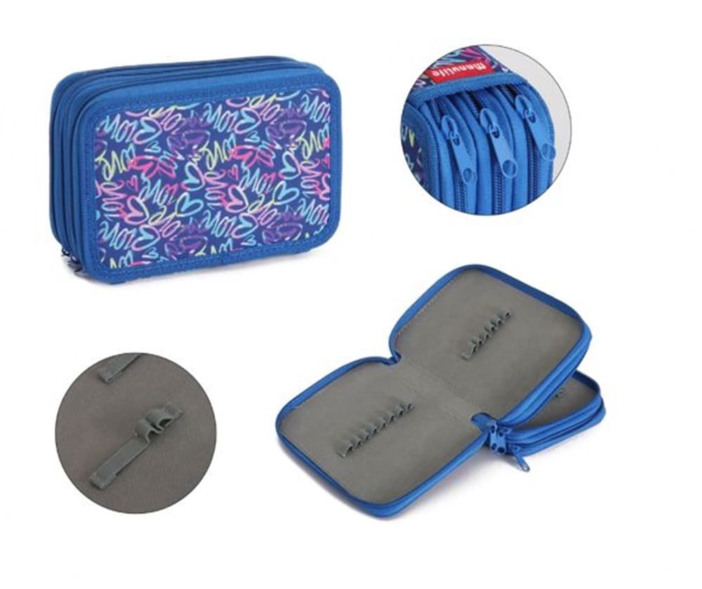ASTUCCIO SCUOLA 3 ZIP CERNIERA BLU MOTIVO CON CUORI STILE GRAFFITI PER MATITE PENNE 605739 - 2
