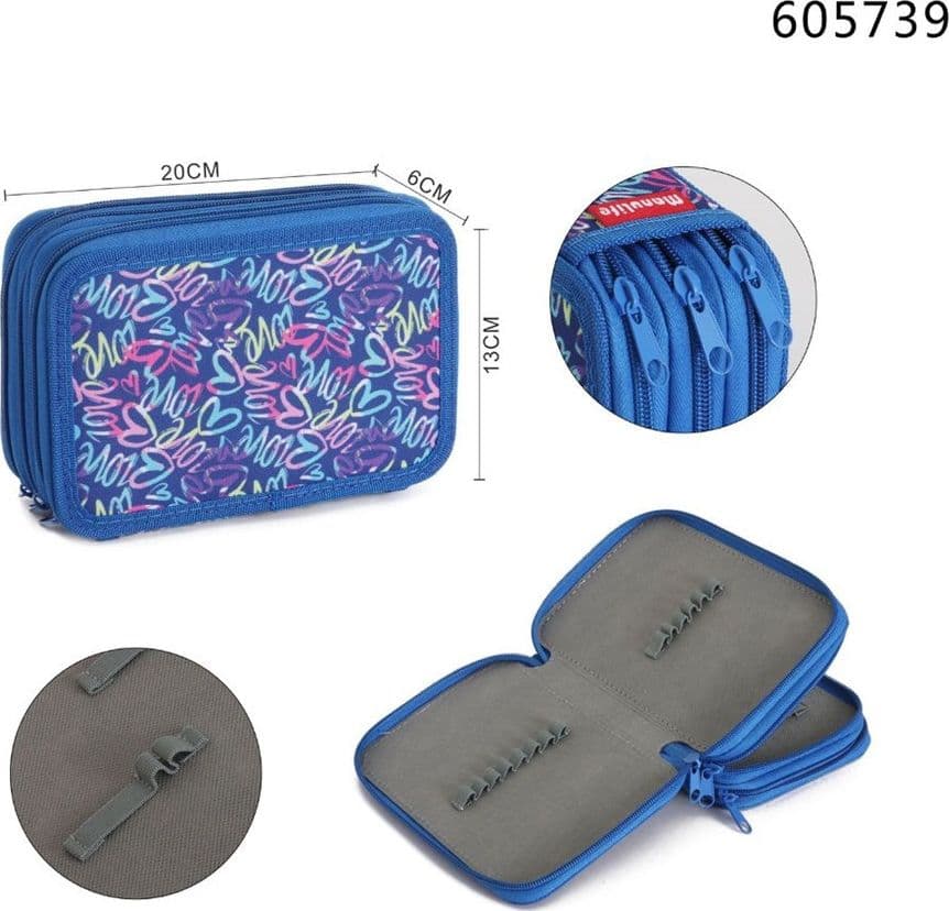 ASTUCCIO SCUOLA 3 ZIP CERNIERA BLU MOTIVO CON CUORI STILE GRAFFITI PER MATITE PENNE 605739 - 3