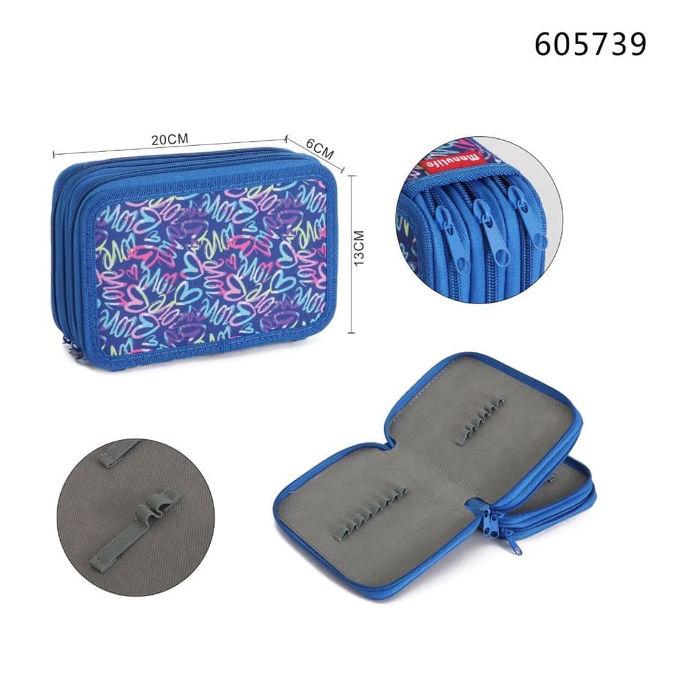 ASTUCCIO SCUOLA 3 ZIP CERNIERA BLU MOTIVO CON CUORI STILE GRAFFITI PER MATITE PENNE 605739 - 3