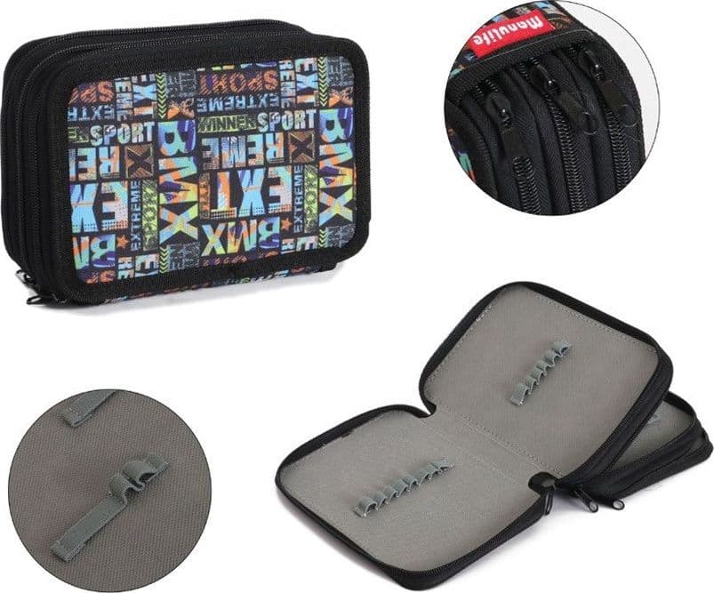 ASTUCCIO SCUOLA 3 ZIP CERNIERA NERO MOTIVO GRAFICO SCRITTE INGLESI PER MATITE PENNE 605742 - 2
