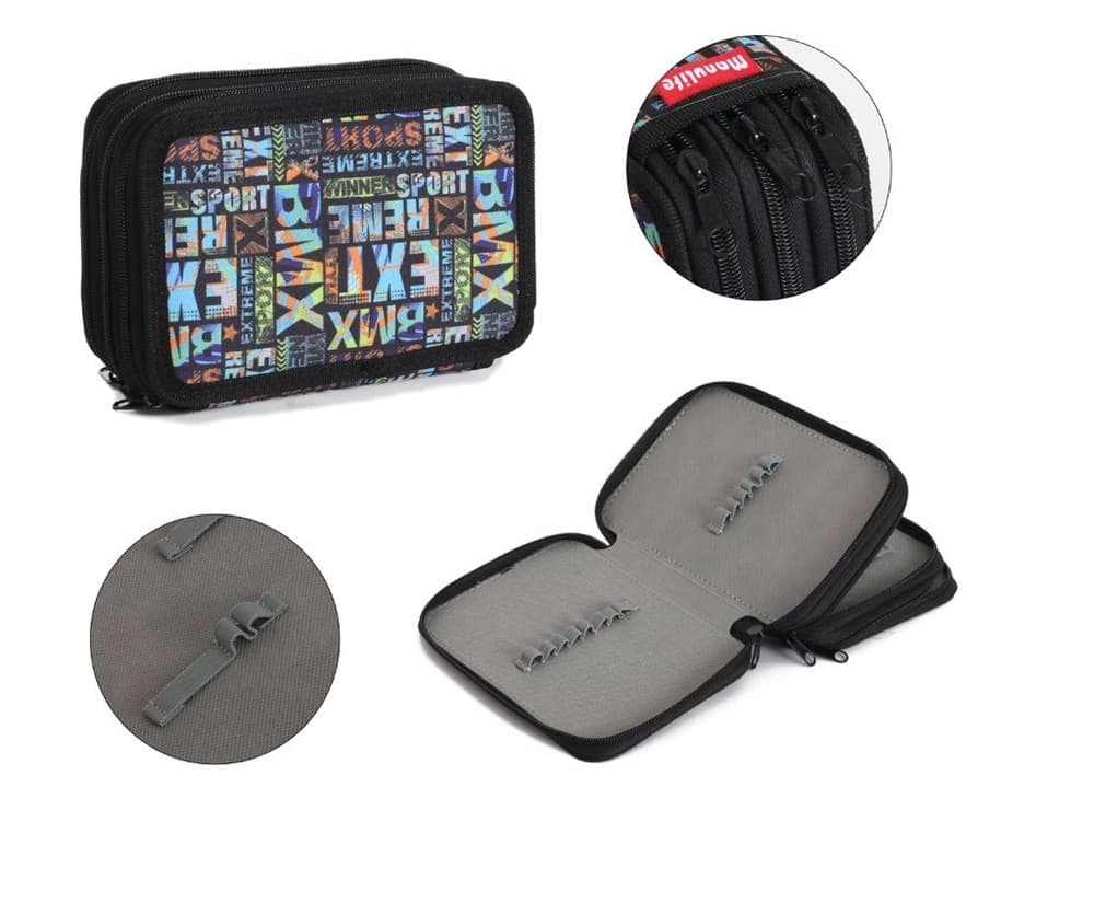 ASTUCCIO SCUOLA 3 ZIP CERNIERA NERO MOTIVO GRAFICO SCRITTE INGLESI PER MATITE PENNE 605742 - 2