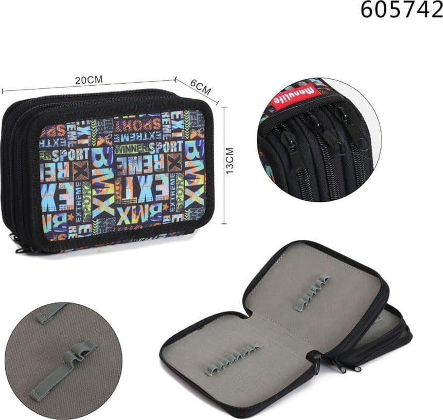 ASTUCCIO SCUOLA 3 ZIP CERNIERA NERO MOTIVO GRAFICO SCRITTE INGLESI PER MATITE PENNE 605742 - 3