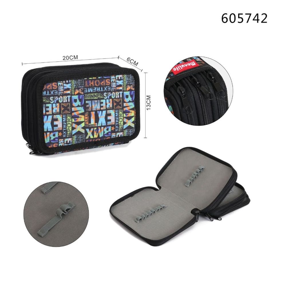 ASTUCCIO SCUOLA 3 ZIP CERNIERA NERO MOTIVO GRAFICO SCRITTE INGLESI PER MATITE PENNE 605742 - 3