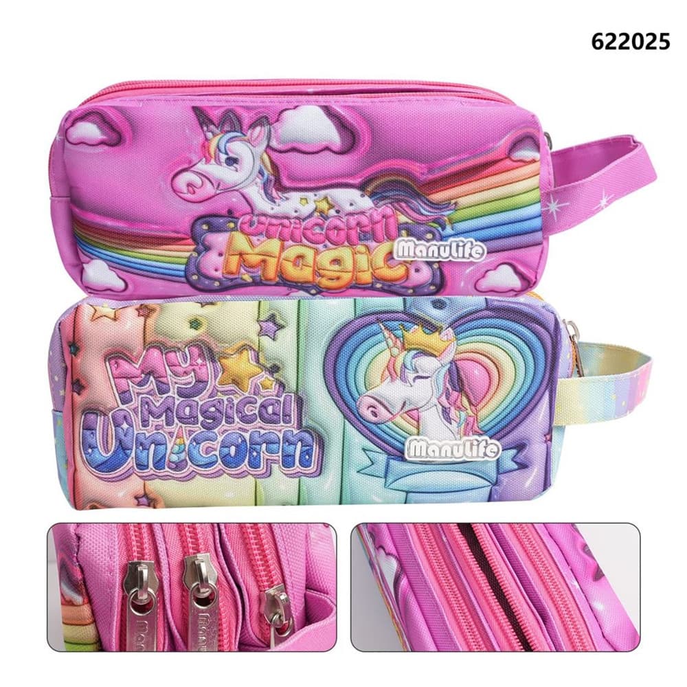 ASTUCCIO SCUOLA A 3 STRATI SCOMPARTI CON ZIP DESIGN UNICORNO MAGICO CON MANICO 622025 - 2