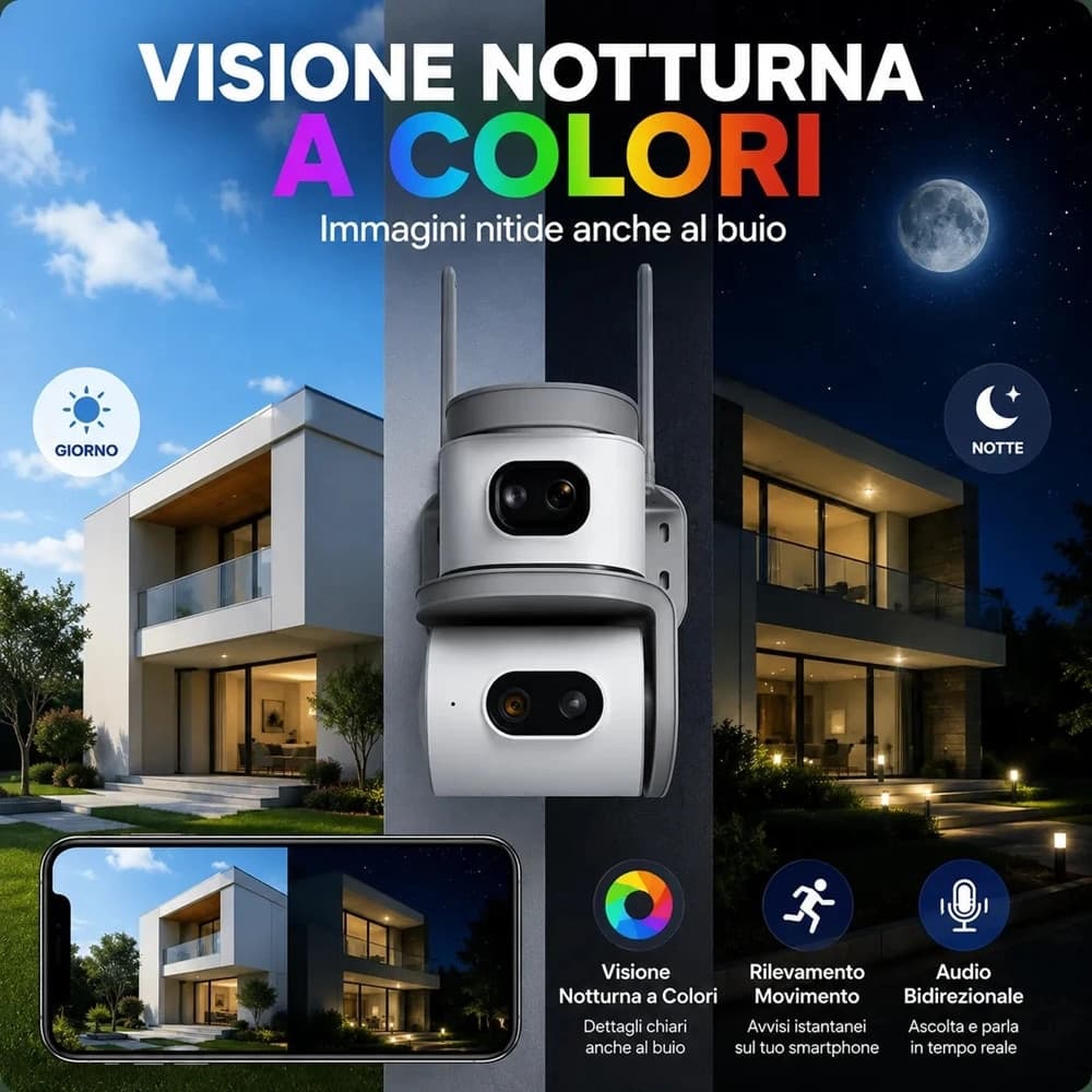 TELECAMERA WIFI 2,4 GHZ ESTERNO DOPPIA LENTE PTZ 355° VISIONE NOTTURNA AUDIO BIDIREZIONALE - 4